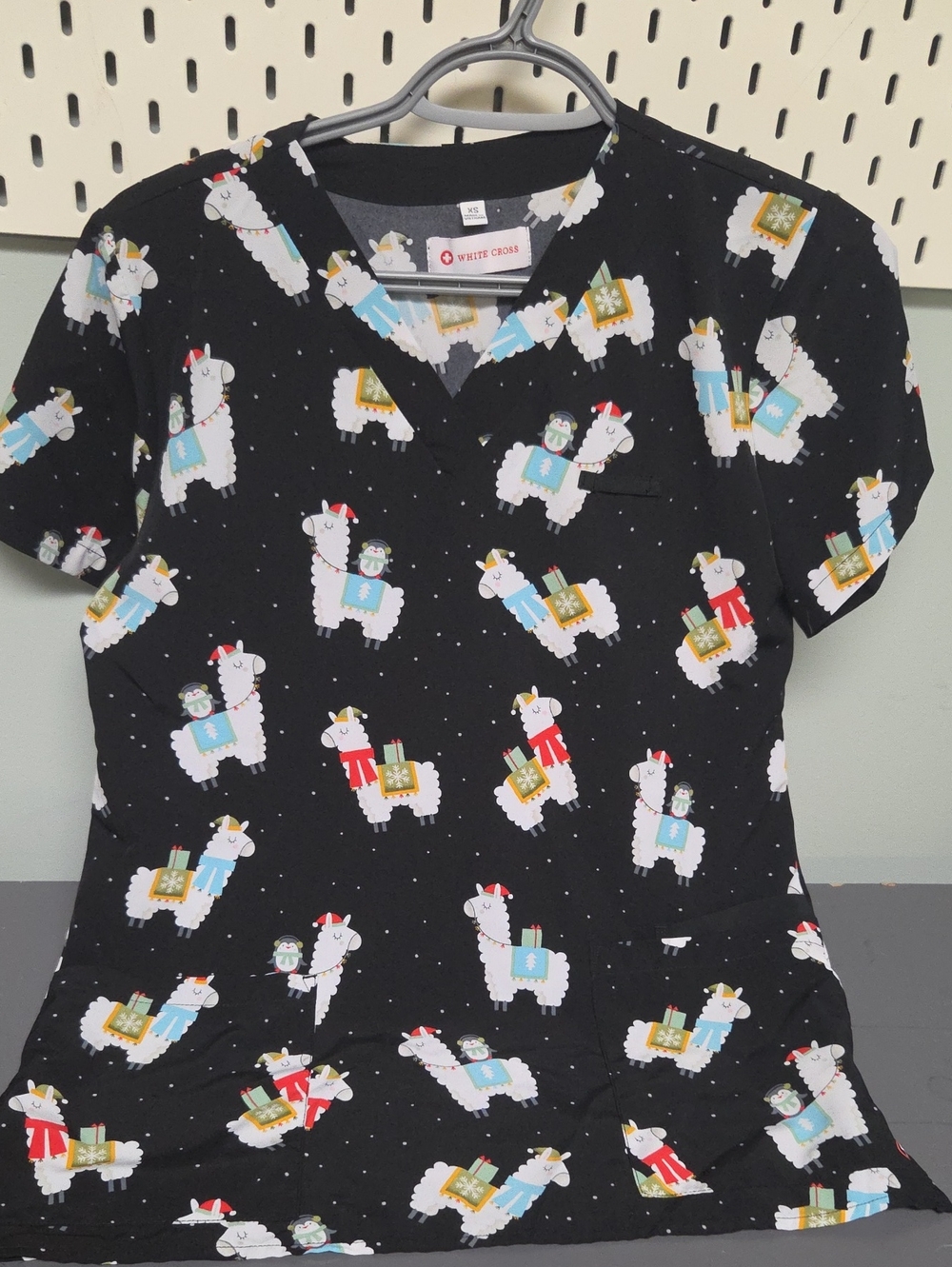 White Cross Black Llama & Holiday Gift Print Scrub Top